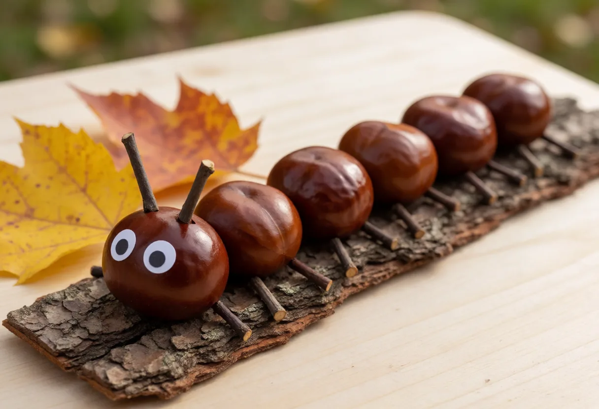 A caterpillar made from a row of conkers