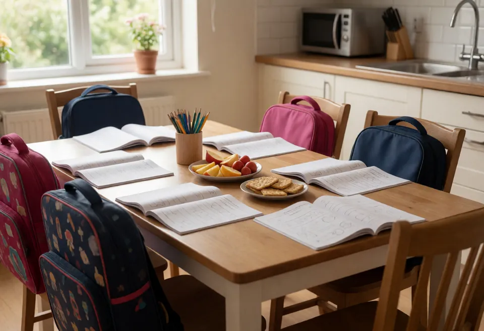 A kitchen table set for school-age children after school: homework books, a pencil pot, sliced fruit and crackers, four school book bags on chairs