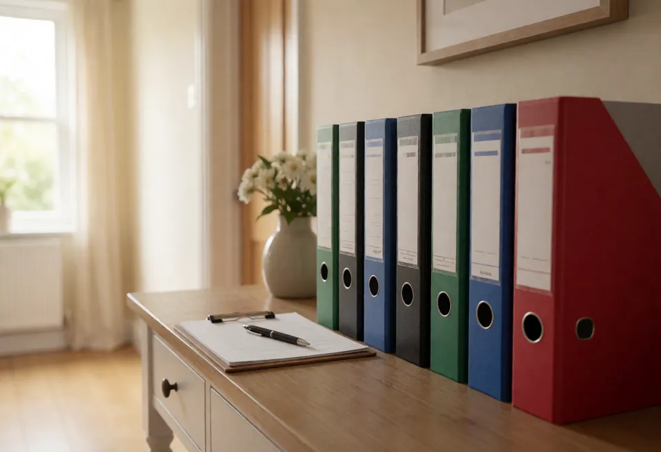 A shelf of plain coloured ring binders and a clipboard on a hallway table