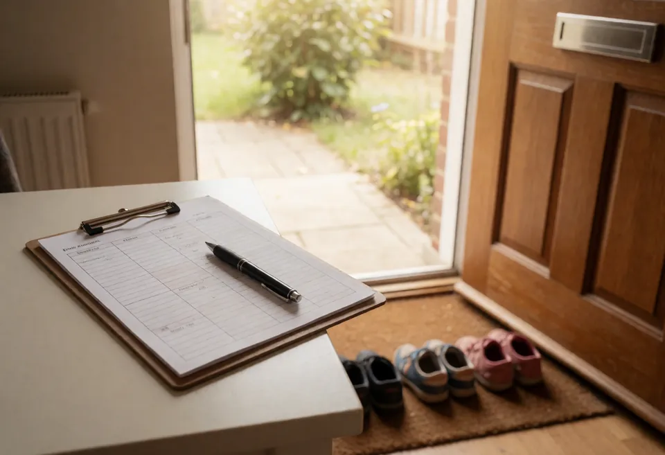 A clipboard with a daily attendance register and a pen on a table by the front door, children's shoes lined up below