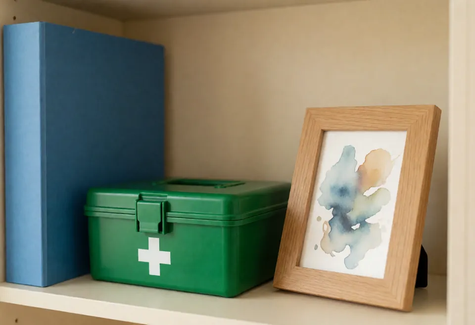A blue folder, a green first aid box and a framed watercolour on a shelf