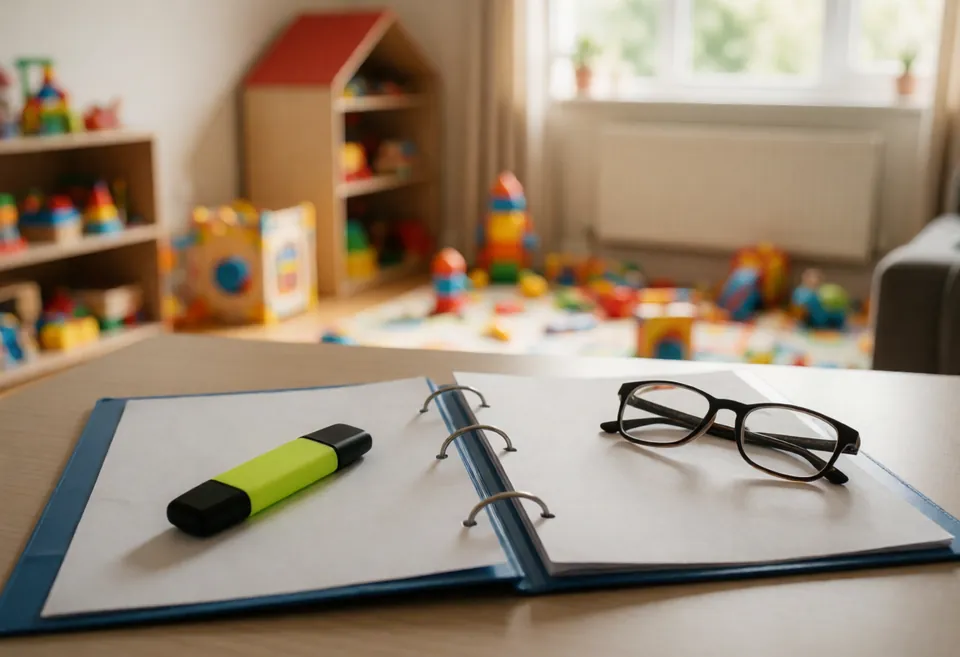 A safeguarding policy folder open on a desk with a highlighter and reading glasses, a playroom softly blurred behind