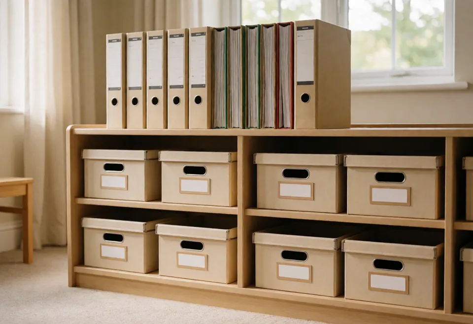 Low playroom shelves with neat labelled boxes and a row of slim ring binders on the top shelf