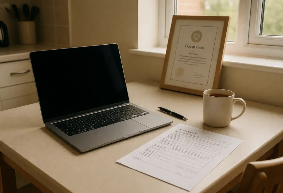 A laptop on a kitchen table beside a printed form, a pen, a framed certificate leaning against the wall and a mug of tea