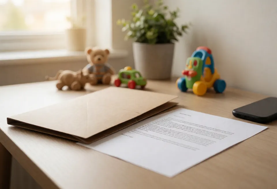 A welcome pack folder, a printed letter, a phone and a small plant on a tidy desk in a bright home, toys softly blurred behind