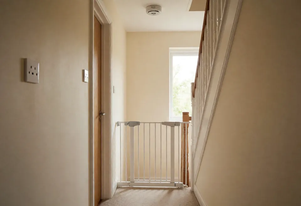 A hallway with a white stair gate fitted at the bottom of the stairs, plug socket covers and a smoke alarm on the ceiling