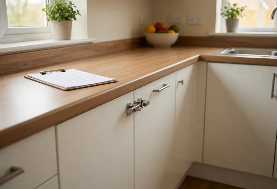 Child safety locks fitted to kitchen cupboard doors, with a clipboard on the worktop