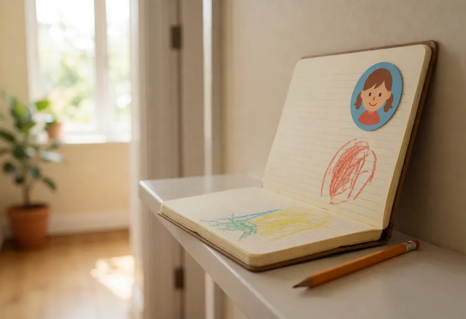 An open home-made daily diary notebook with a child's sticker and crayon doodle, a pencil beside it on a hallway shelf