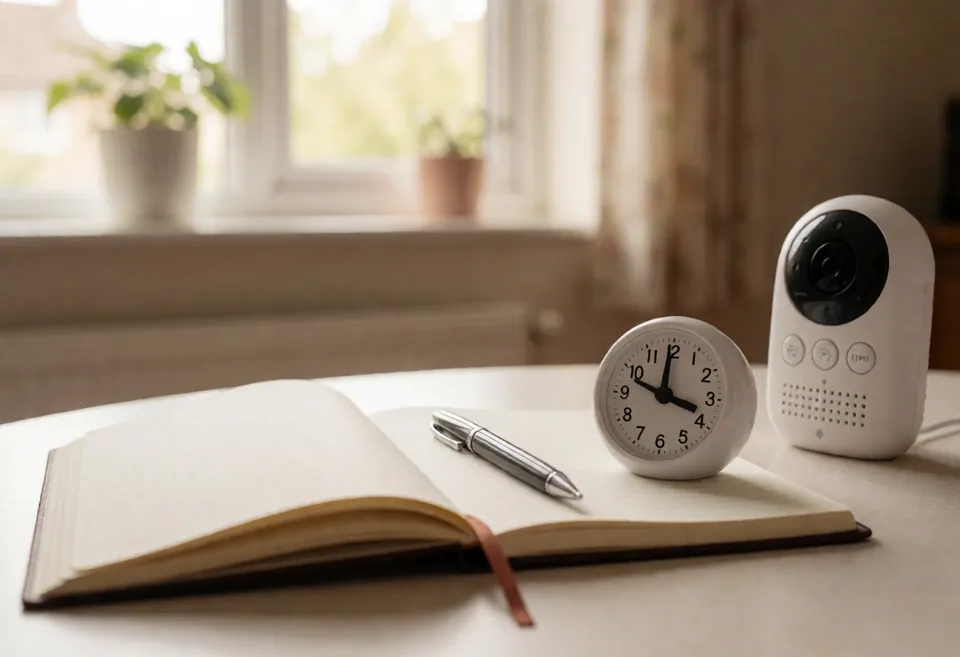 A notebook, a pen and a small kitchen timer on a table during quiet nap time, a baby monitor nearby