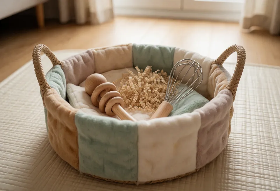 A baby sensory basket on a play mat: soft fabric squares, a wooden rattle, a crinkly material and a metal whisk
