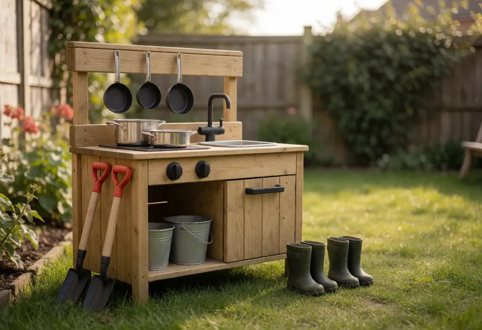 A small garden play area: a wooden mud kitchen with pots and pans, buckets, spades and two pairs of tiny wellies on the grass