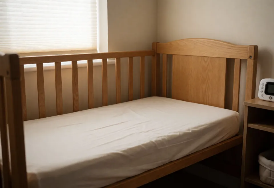 A quiet nap room in a UK home: a wooden cot with a firm flat mattress and a fitted white sheet, no pillows or toys inside, a baby monitor on a shelf