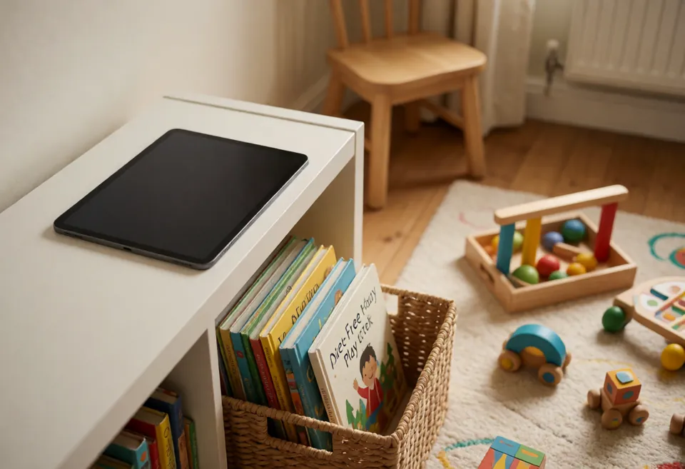 A tablet lying face down on a high shelf beside a basket of picture books and wooden toys on a playroom floor rug, screen-free play set out instead