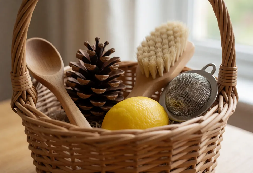 A wicker treasure basket of natural and household objects for babies: a wooden spoon, a pine cone, a lemon, a small brush and a metal tea strainer