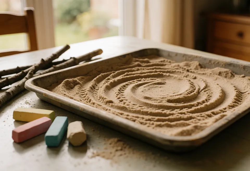 A shallow tray of sand with swirling finger marks, a few sticks and chunky chalks beside it on a table