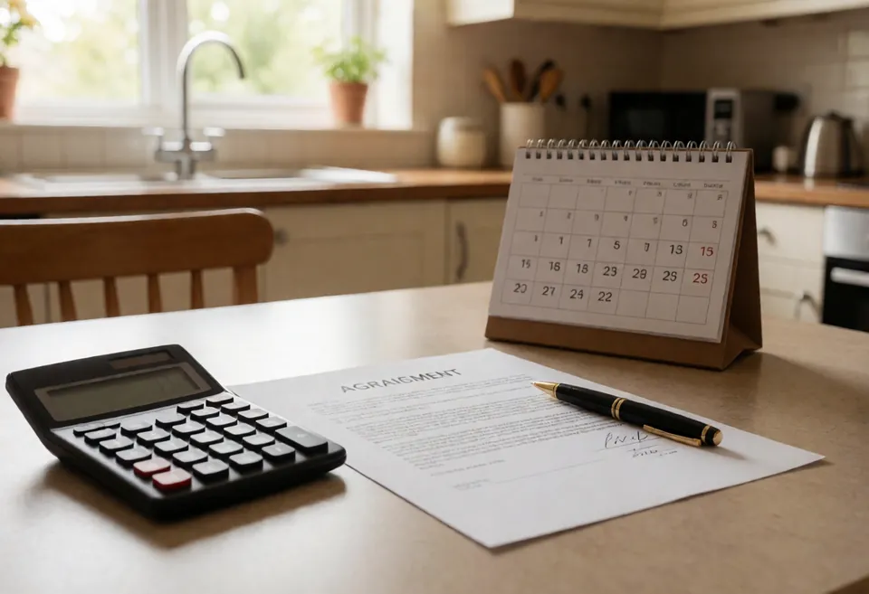 A signed agreement document with a pen, a calculator and a paper calendar on a kitchen table