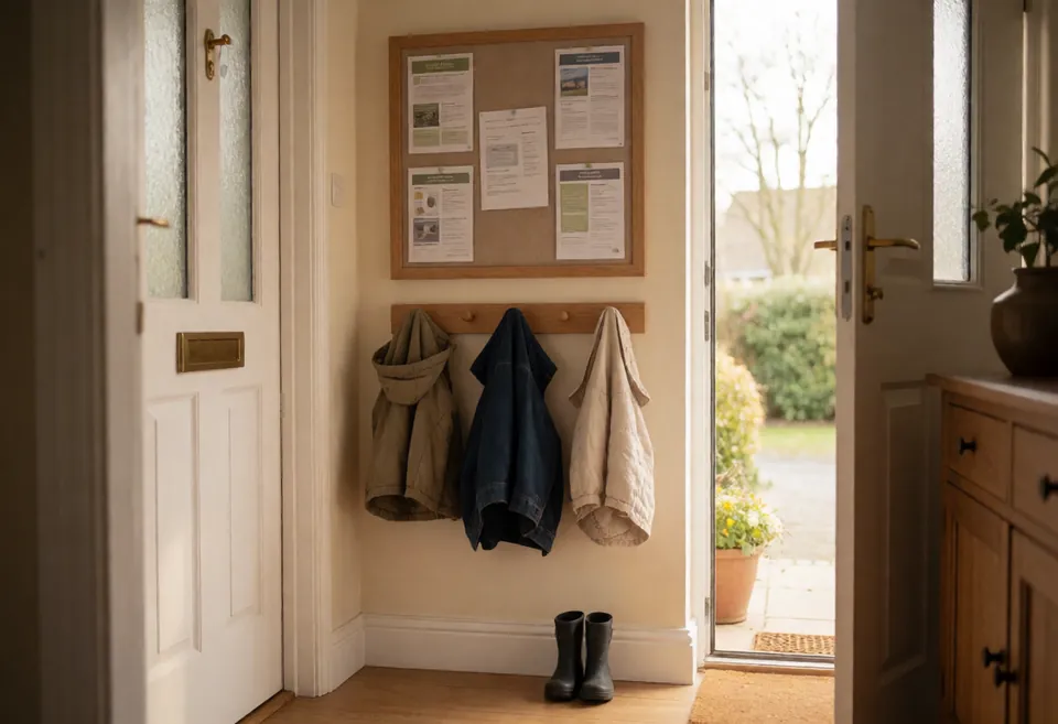 A parent information noticeboard by a front door with a few pinned leaflets, small coats on low pegs and a pair of tiny wellies below