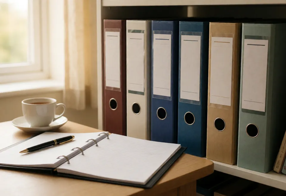 A row of neat ring binders on a shelf, one open on a table with a pen and a cup of tea
