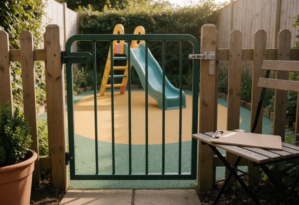 A safe garden play area with a latched gate, soft safety surfacing under a small slide and a clipboard on a garden chair