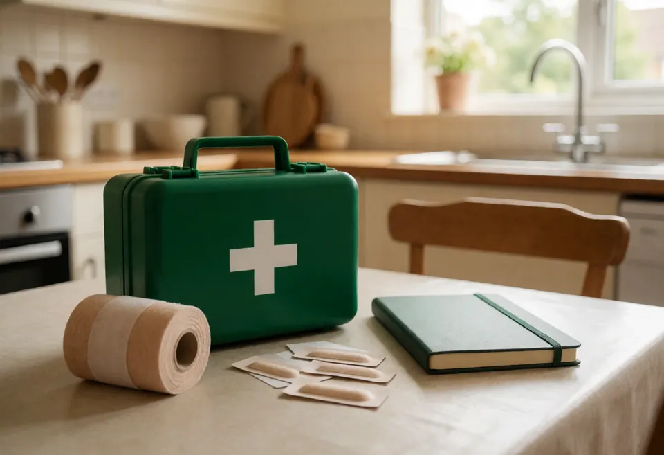 A first aid kit, a bandage roll, plasters and a notebook on a kitchen table