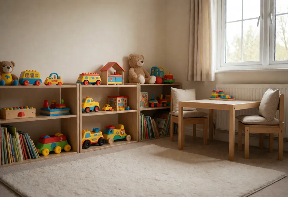 A welcoming home playroom ready for the first day: a soft rug, low shelves of toys and books