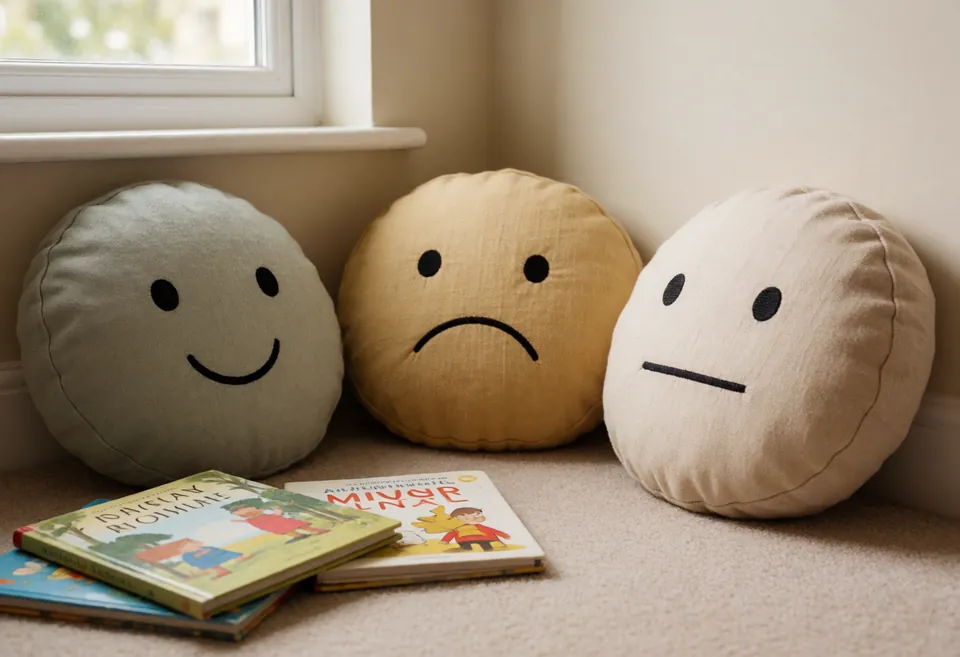 Feelings cushions with happy, sad and calm faces beside picture books