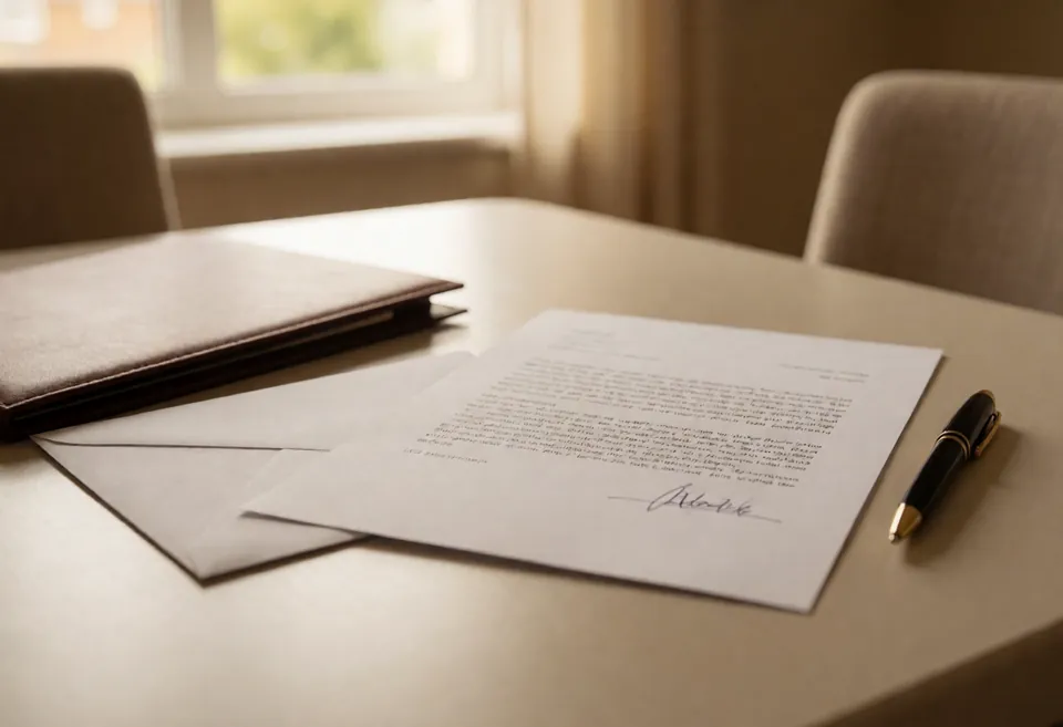 A signed one-page letter on a table beside an envelope, a pen and a parent's folder