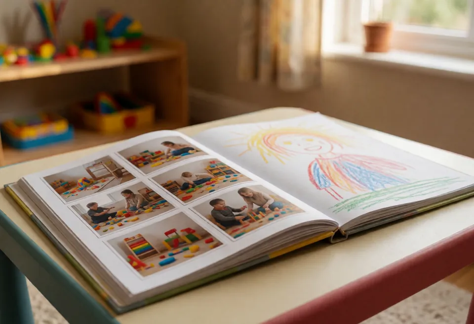 A children's learning journal scrapbook lying open with printed photos of play and crayon drawings, on a low table in a playroom