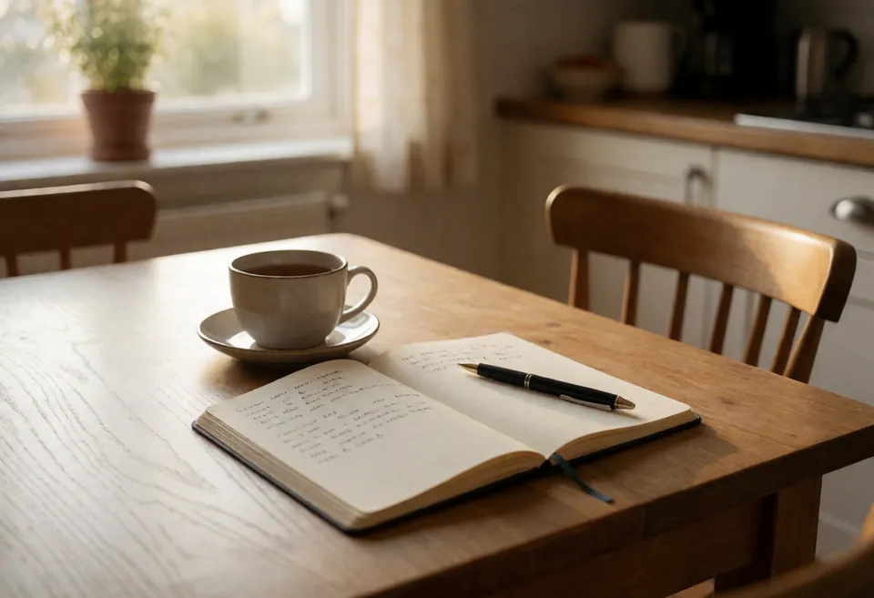A calm kitchen table with a cup of tea, a notebook with handwritten notes and a pen, morning light