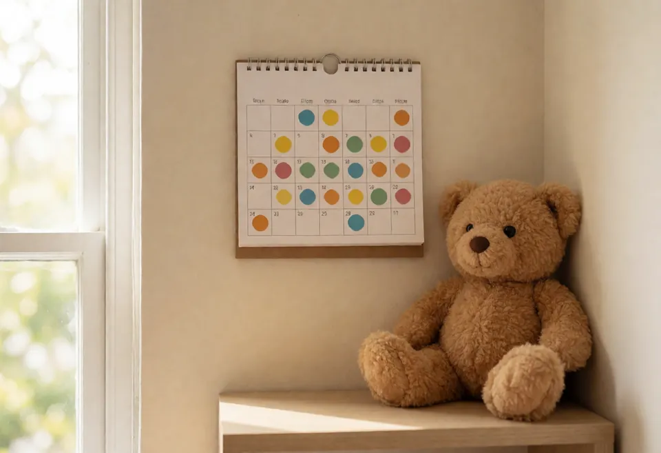 A small wall calendar with colourful stickers on three days, a teddy bear sitting on a shelf beneath it