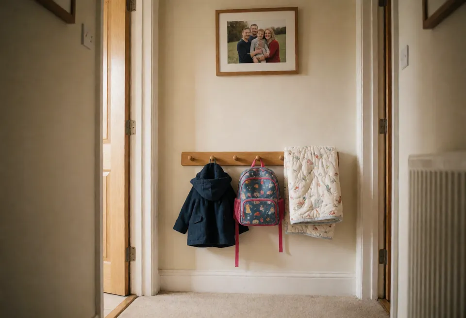 A hallway with a small child's coat and backpack on a low peg, a comforter blanket and a family photo on the wall
