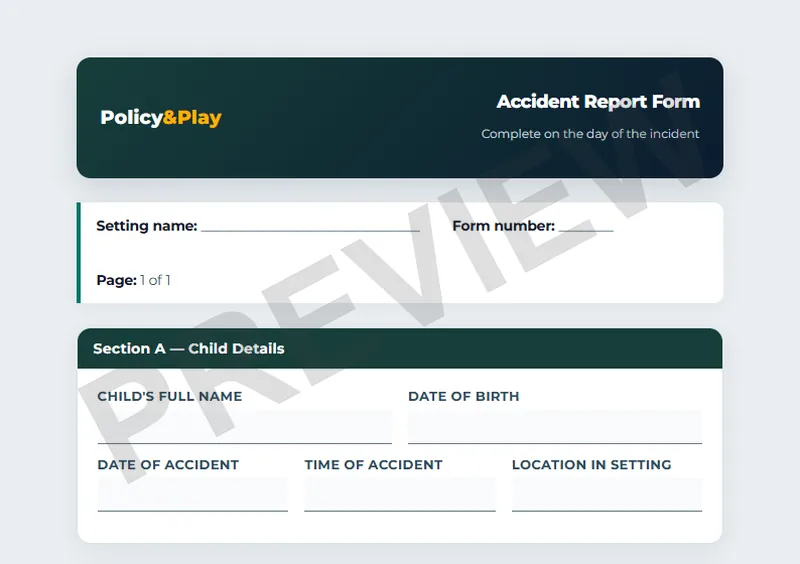 Top of the Policy & Play accident report form, showing the child details section