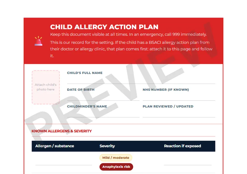 Top of the Policy & Play child allergy action plan, showing the known allergens and severity section