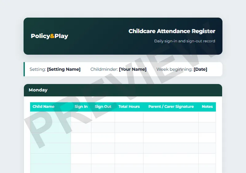 Top of the Policy & Play childcare attendance register, showing the weekly sign-in and sign-out grid