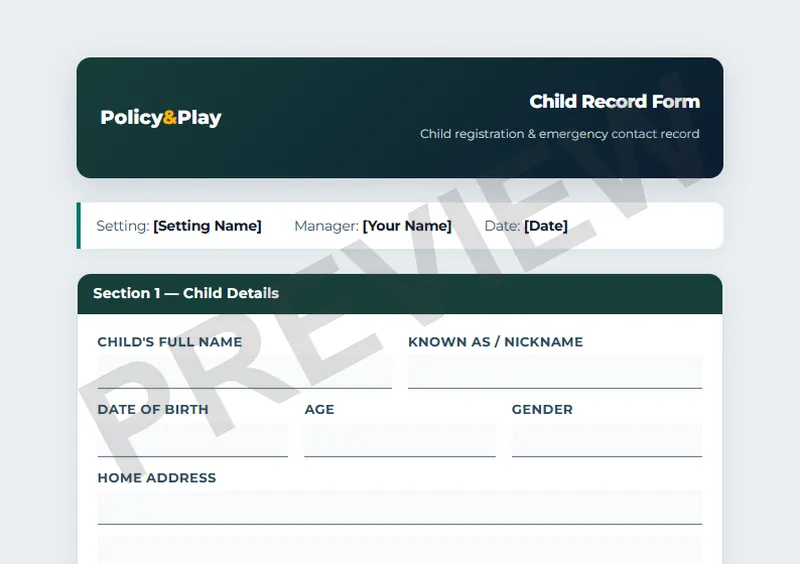 Top of the Policy & Play child record form, showing the child details section