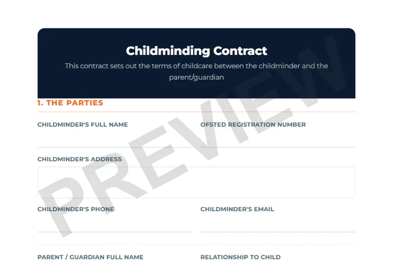 Top of the Policy & Play childminder contract, showing the childminder's details autofill panel