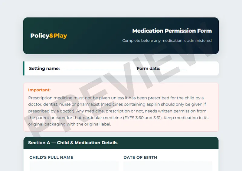 Top of the Policy & Play medication permission form, showing child and medication details