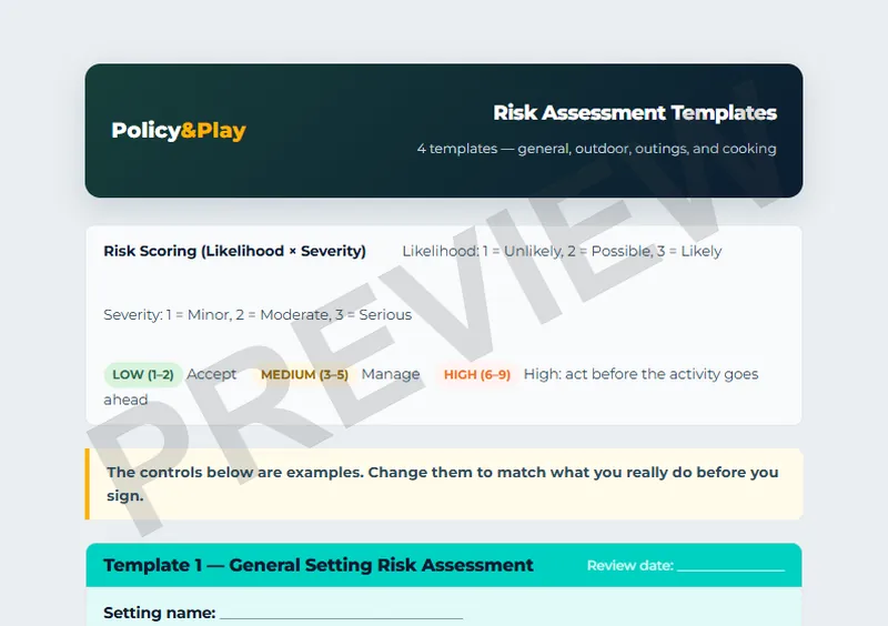 Top of the Policy & Play risk assessment templates, showing the likelihood and severity scoring key