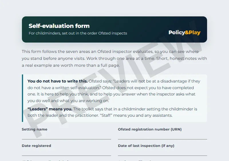 Top of the Policy & Play self-evaluation form, showing the setting details and the Ofsted grading table