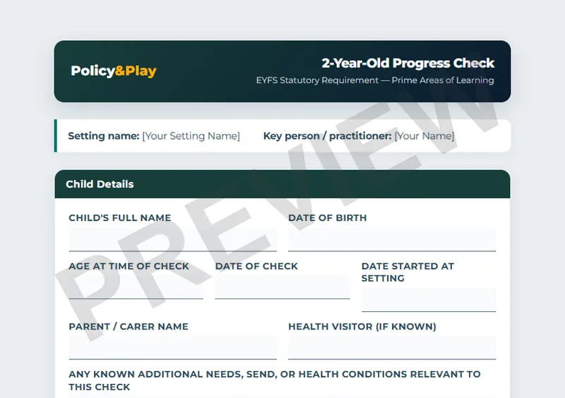 Top of the Policy & Play two-year-old progress check, showing the child details section