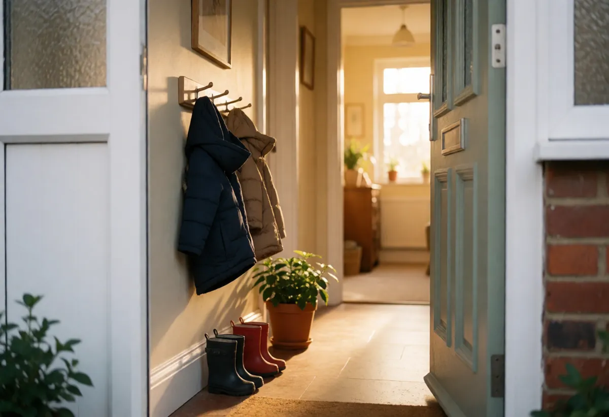 An open front door onto a welcoming hallway with small coats on low pegs and tiny wellies