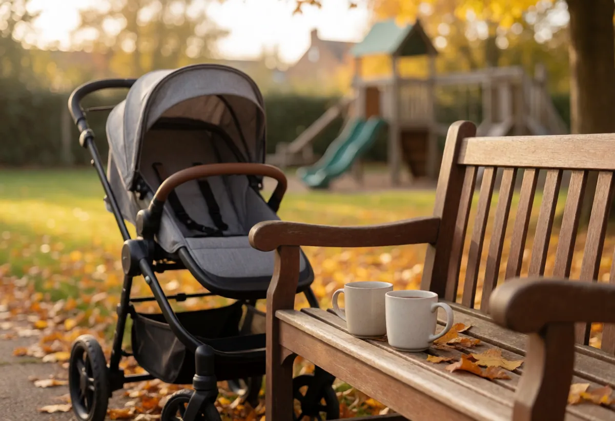 Two mugs of tea on a park bench beside a pushchair on an autumn afternoon