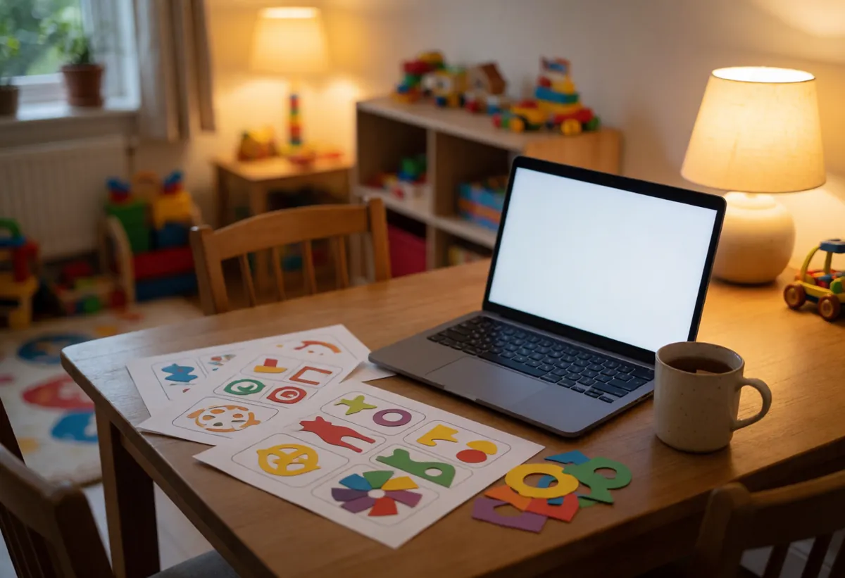 A laptop, printed activity sheets and a mug of tea on a kitchen table in the evening, a playroom behind