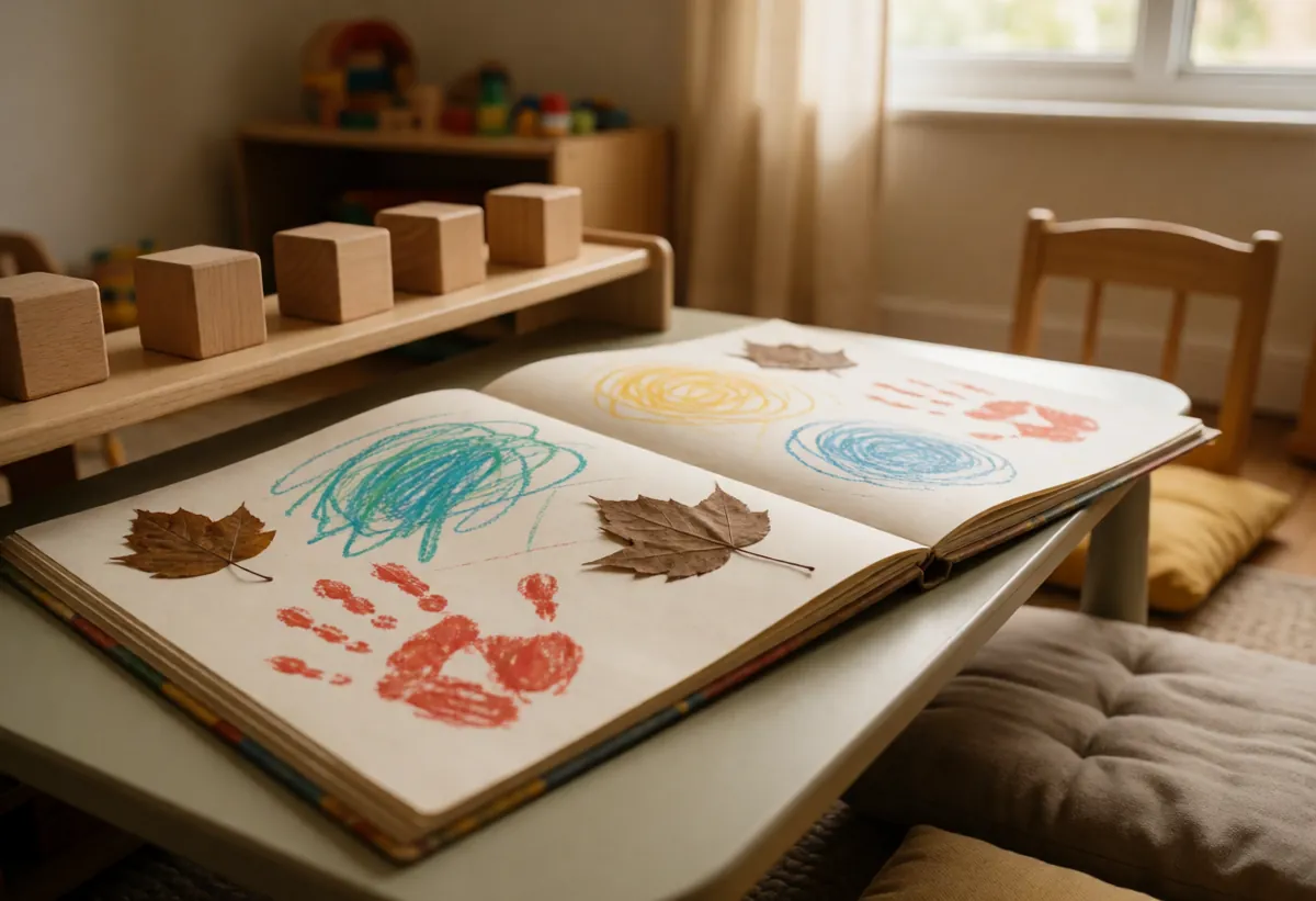 A scrapbook of children's crayon drawings and pressed leaves open on a low table in a tidy playroom