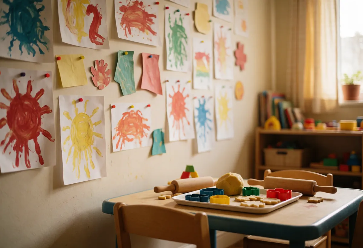 Children's paintings pinned to a playroom wall above a table set out with play-dough and cutters