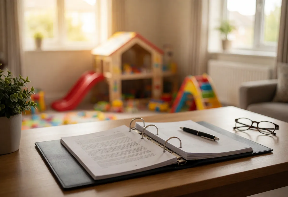 An open ring binder of printed policies on a desk with a pen and reading glasses