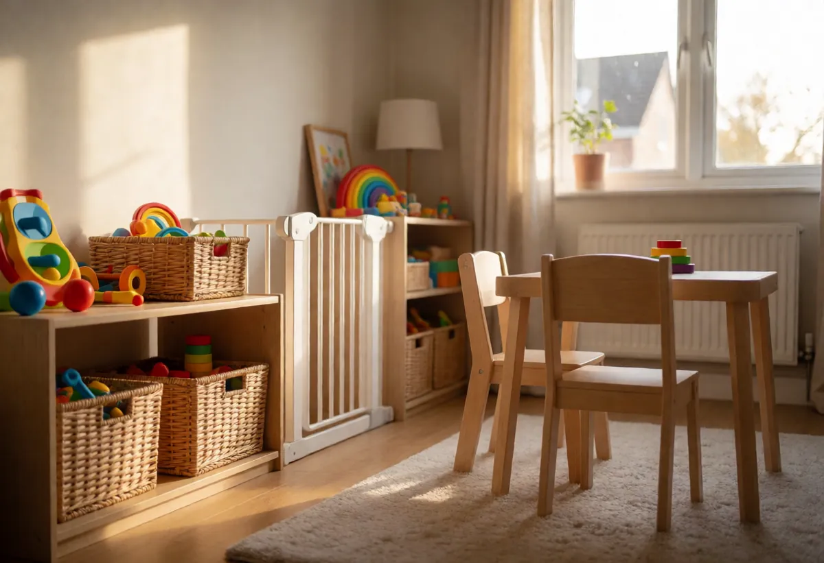 A living room set up for childminding with low toy shelves, a stair gate and a child-height table
