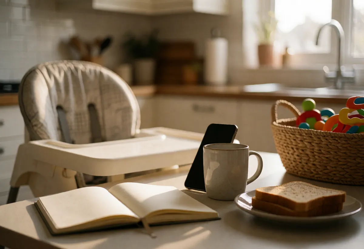 A phone propped against a mug on a kitchen table beside a notebook, a high chair behind