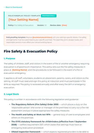 First page of Fire Safety & Evacuation Policy