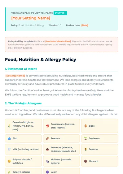 First page of Food, Nutrition & Allergy Policy